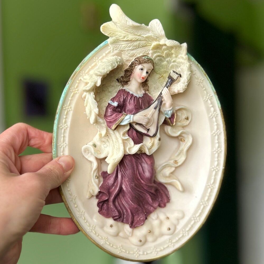 VTG 3D Textured Angel In Oval Shaped Piece Faith Based Wall Accent Sign